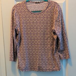J. McLaughlin Geometric Blue and Cream Long Sleeve Top